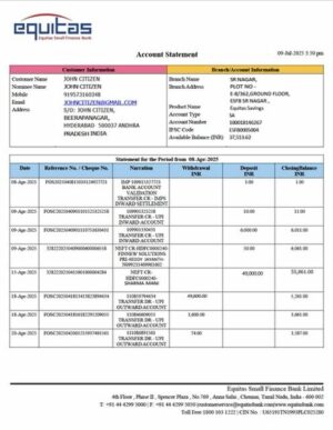India Equitas Small Finance Bank account statement Word and PDF template