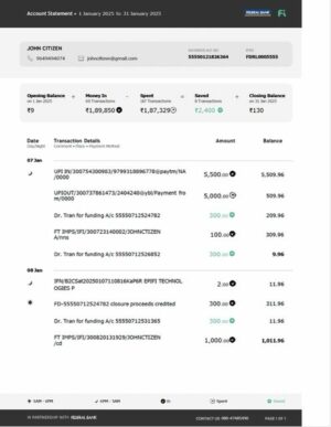 India Federal Bank account statement Word and PDF template, version 3