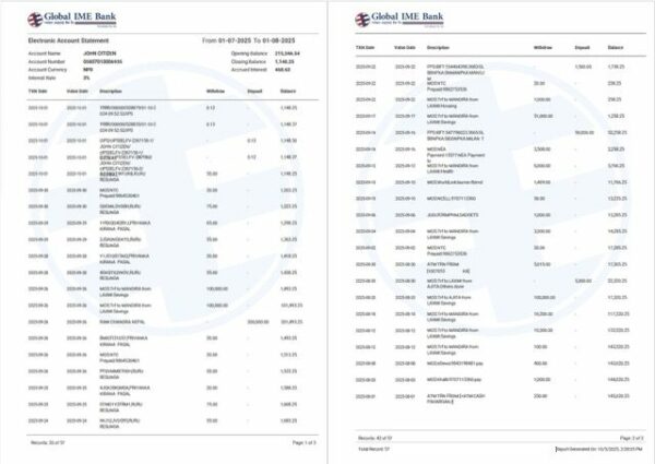 India Global Ime Bank account statement Word and PDF template, 2 pages