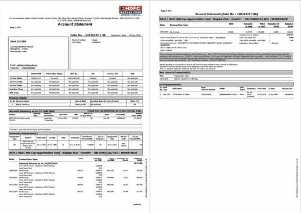 India HDFC Bank account statement Word and PDF template, 2 pages