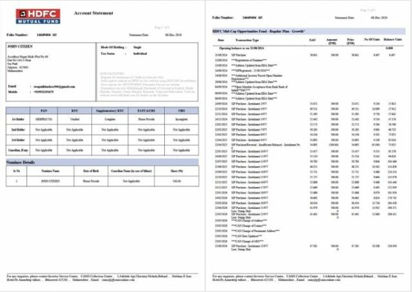 India HDFC Bank account statement Word and PDF template, 2 pages, version 2