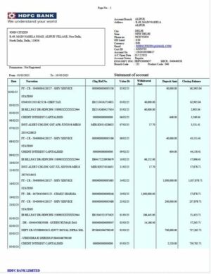 India HDFC Bank statement Word and PDF template