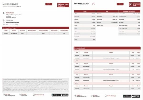 India IDFC First Bank Limited account statement Word and PDF template, 2 pages