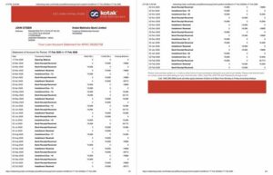 India Kotak Mahindra Bank account statement Word and PDF template, 2 pages