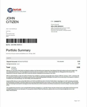 India Kotak Mahindra Bank account statement Word and PDF template