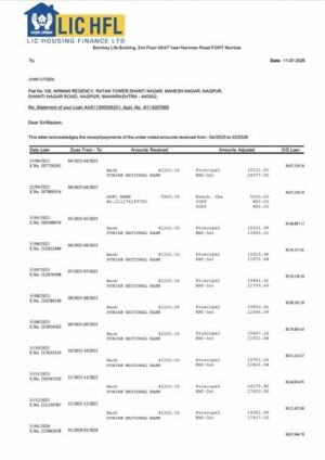 India LIC Housing Finance statement of account Word and PDF template