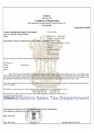 India Maharashtra certificate of taxpayer registration Word and PDF template