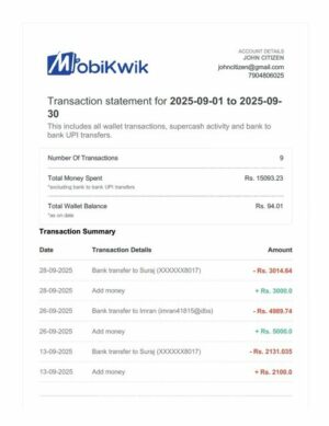 India MobiKwik transaction statement Word and PDF template