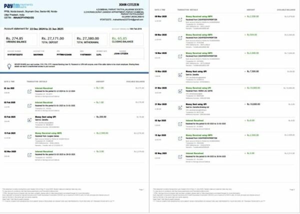 India PayTM Payments Bank account statement Word and PDF template, 3 pages