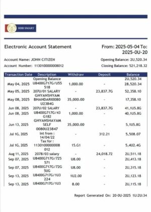 India RBB Smart Bank electronic account statement Word and PDF template
