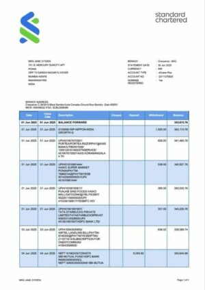 India Standard Chartered Bank account statement Word and PDF template, version 3