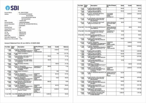 India State Bank of India account statement Word and PDF template, 2 pages