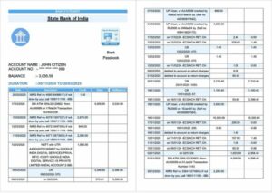 India State Bank of India bank statement Word and PDF template, 2 pages