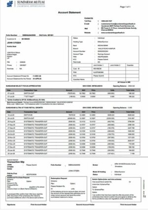 India Sundaram Mutual account statement Word and PDF template