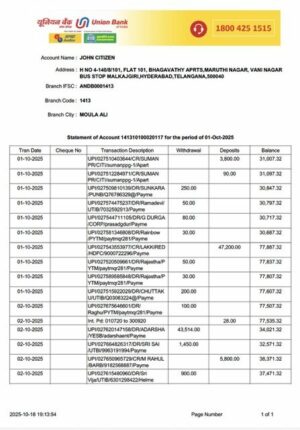 India Union Bank of India statement of account Word and PDF template
