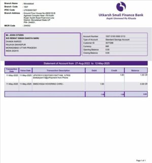 India Utkarsh Small Finance Bank statement of account Word and PDF template