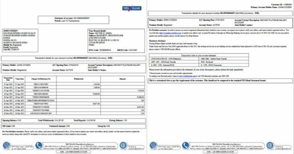 India Yes Bank statement of account Word and PDF template, 2 pages