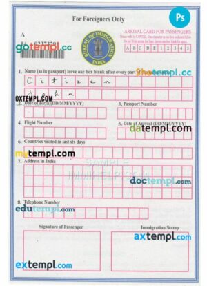 India arrival card for foreigners only template in PSD format