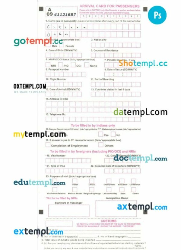 India arrival card for passengers template in PSD format