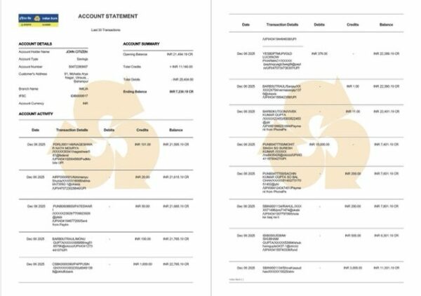 Indian Bank Allahabad account statement Word and PDF template, 2 pages