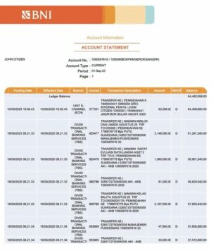 Indonesia BNI Bank account statement Word and PDF template
