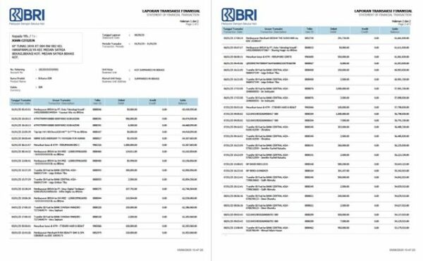 Indonesia Bank Rakyat Indonesia (BRI) statement of financial transaction Word and PDF template, 2 pages