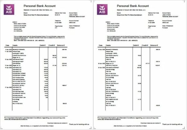 Ireland Allied Irish Banks (AIB) statement of account Word and PDF template, 2 pages