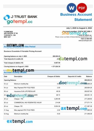 J Trust Royal business bank company statement Word and PDF format