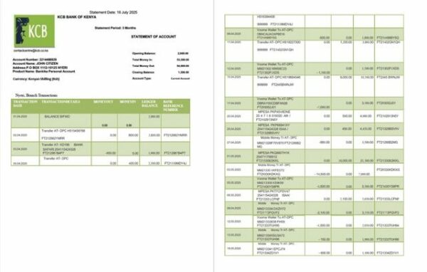 Kenya KCB Bank statement of account Word and PDF template, 2 pages
