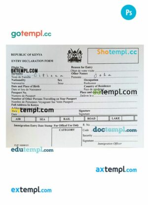 Kenya arrival card template in PSD format