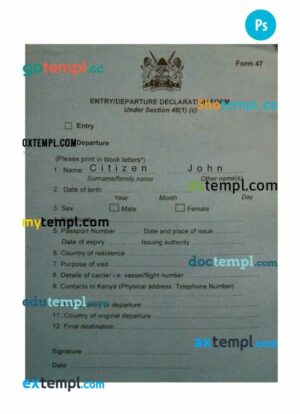 Kenya entry card template in PSD format