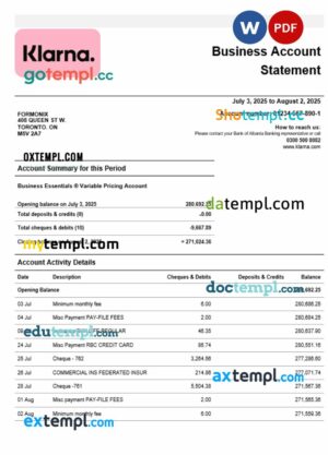 Klarna Bank firm account statement Word and PDF template