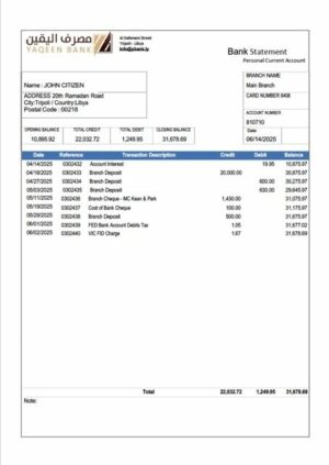 Libya Yaqeen Bank statement Word and PDF template