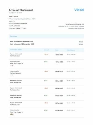 Lithuania Verse Payments account statement Word and PDF template