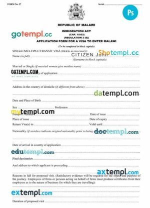 Malawi immigration certificate template in PSD format