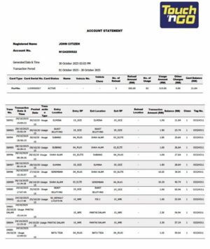 Malaysia Touch'n Go account statement Word and PDF template