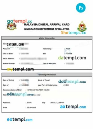 Malaysia digital arrival card template in PSD format