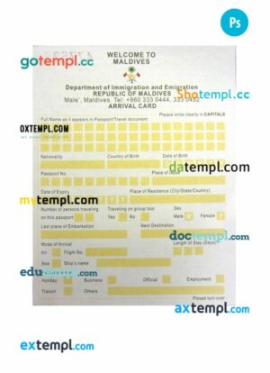 Maldives arrival card template in PSD format