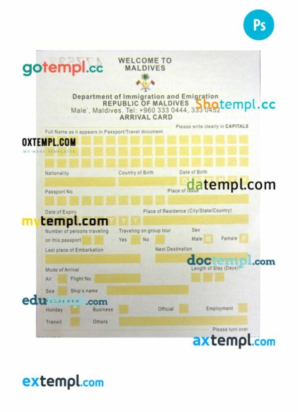 Maldives arrival card template in PSD format