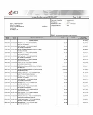 Mauritius Commercial Bank (MCB) account statement Word and PDF template