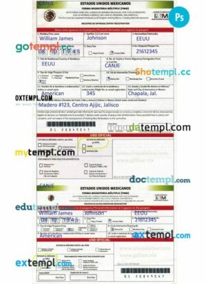 Mexico arrival card template in PSD format