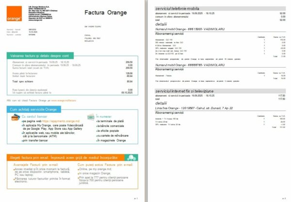 Moldova Orange utility bill template in Word and PDF formats, version 2