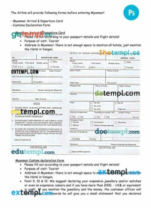 Myanmar arrival departure card template in PSD format