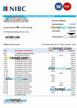 NIBC Bank business organization checking  statement Word and PDF format