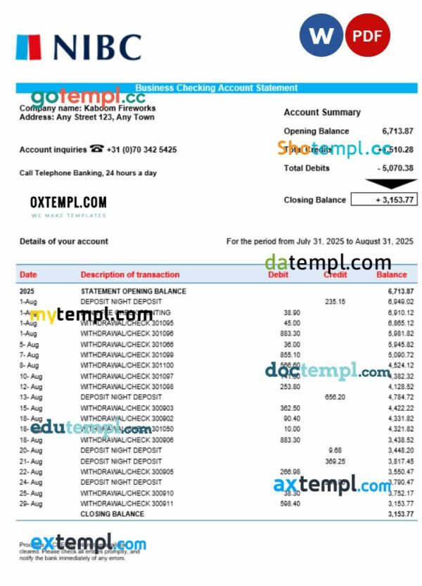 NIBC Bank business organization checking  statement Word and PDF format