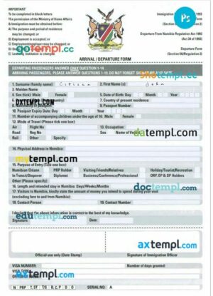 Namibia arrival departure card template in PSD format