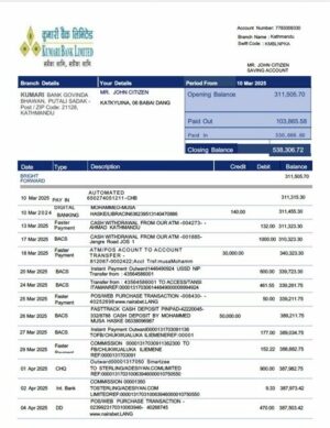 Nepal Kumari Bank Limited account statement Word and PDF template