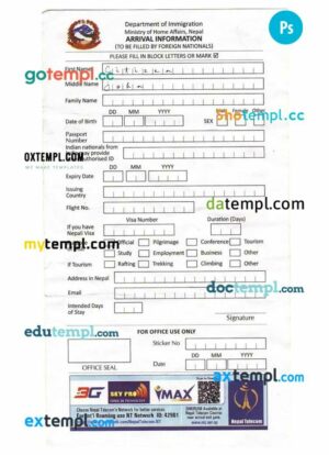 Nepal arrival card template in PSD format