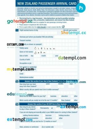 New Zealand arrival card template in PSD format