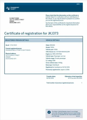 New Zealand vehicle registration certificate in PSD format